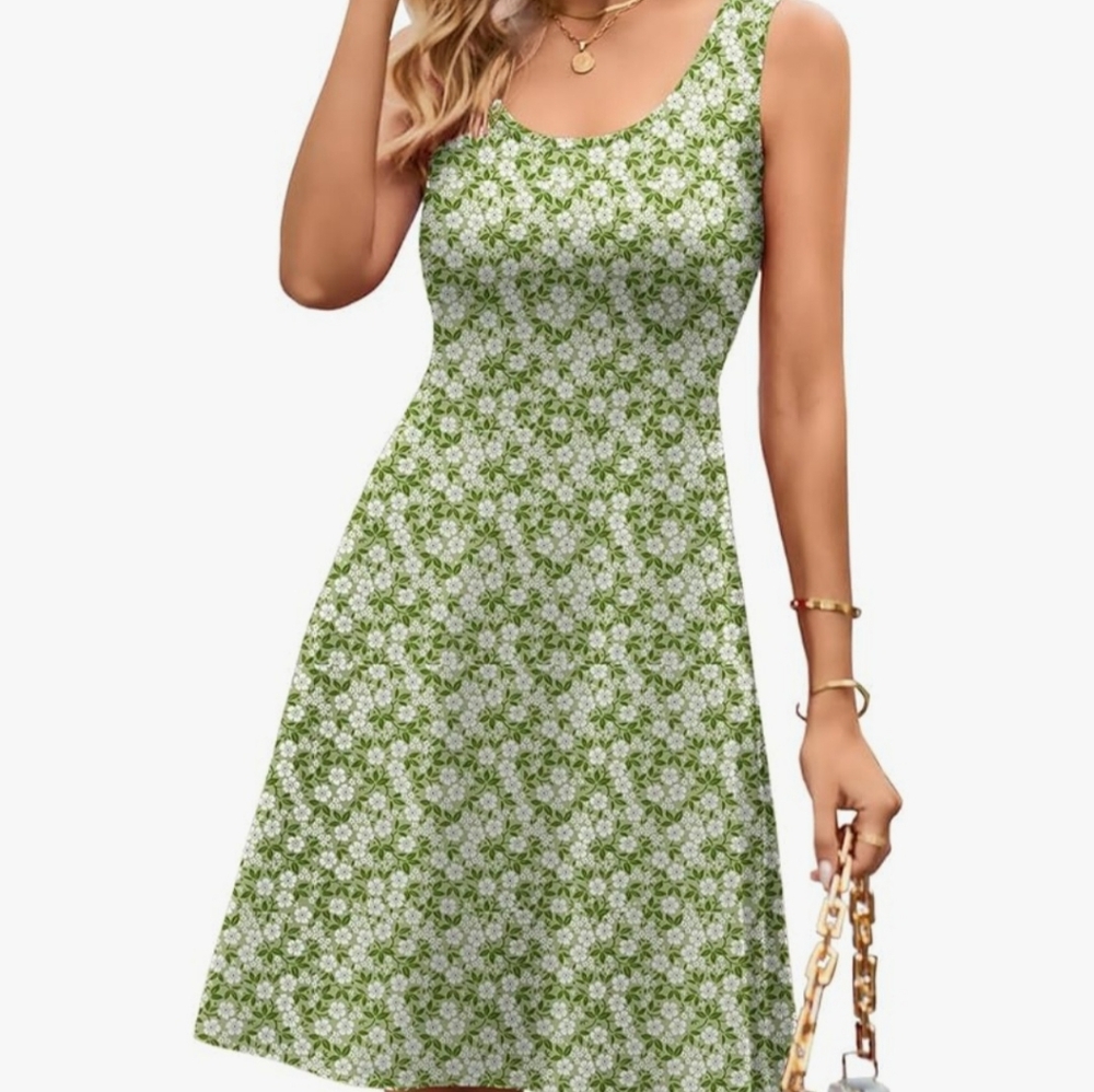 Summer sleeveless scoopneck A Line Dress floral green and white